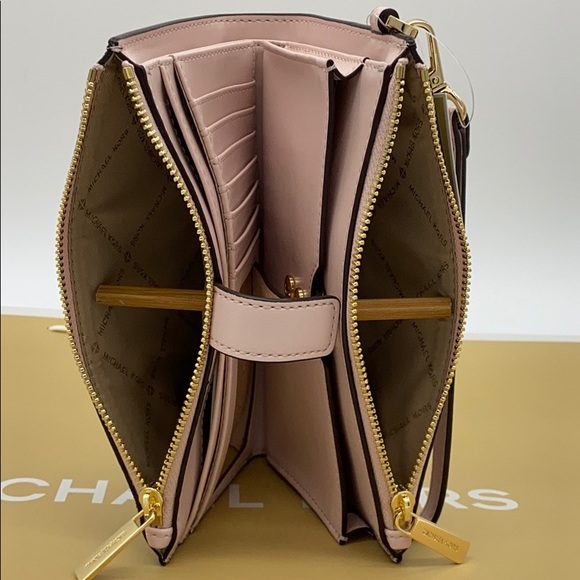 MICHAEL KORS LARGE DOUBLE ZIP WRISTLET POWDER BLUSH MULTI/ BROWN SIGNATURE - Picture 12 of 16